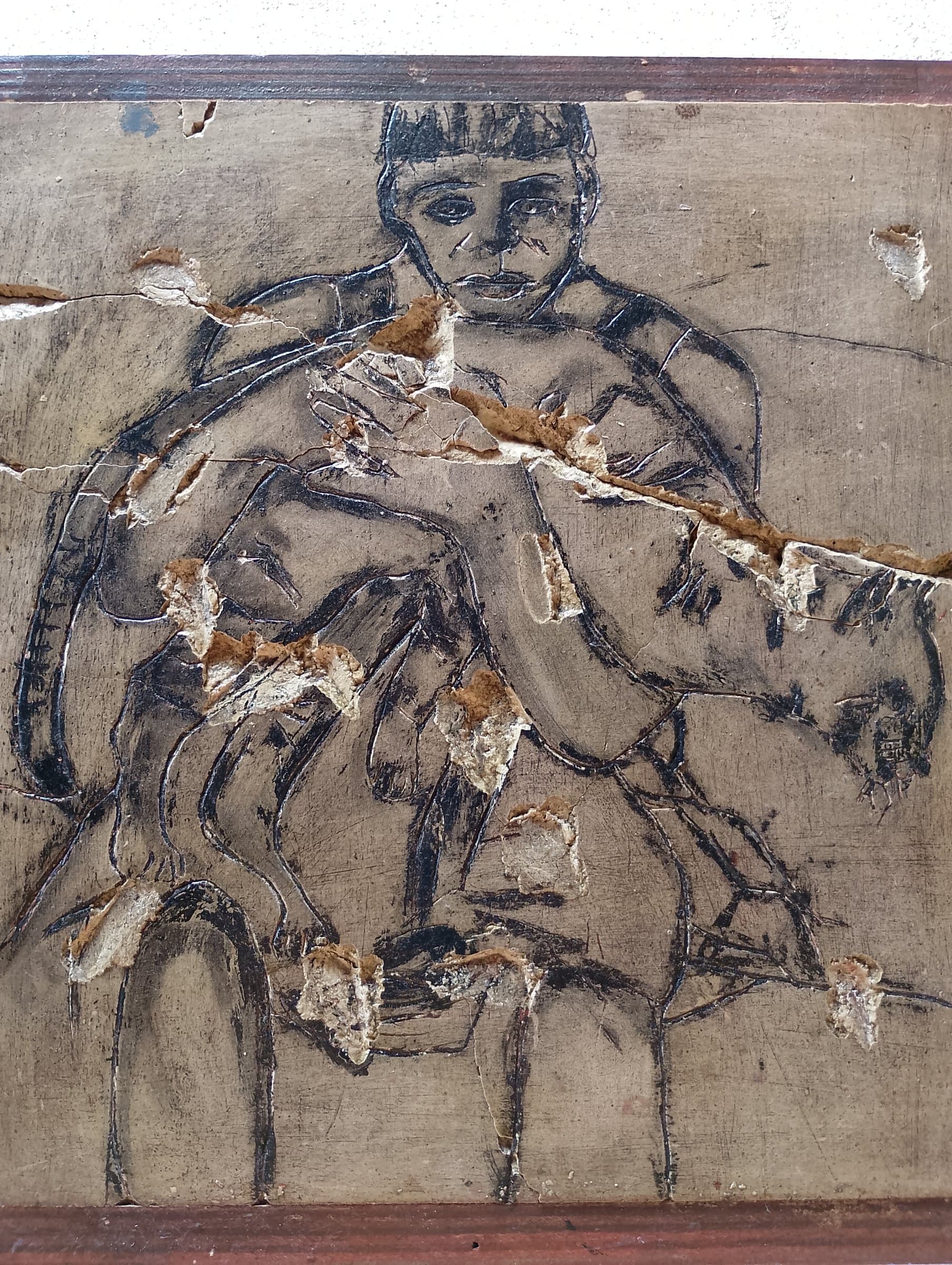 Ragazzo con gatto, Gesso tratto ed pigmenti naturali, cm42x42, di Basil