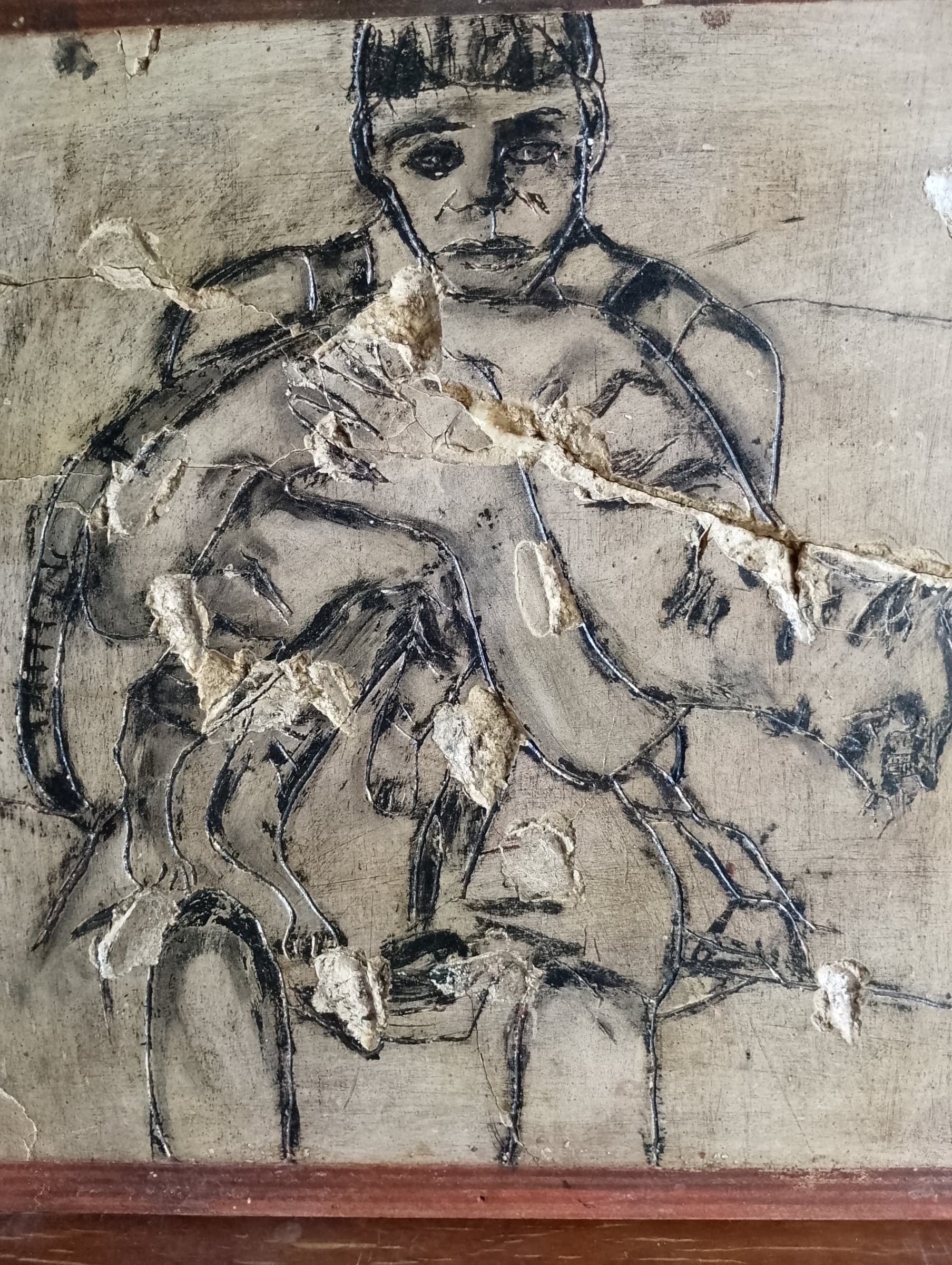 Ragazzo con gatto, Gesso trattato e pigmenti naturali, cm42x42, di Basil
